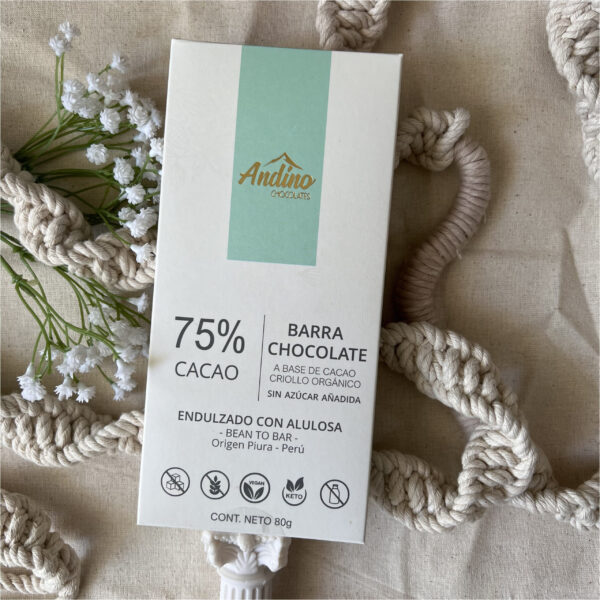BARRA CHOCOLATE 75% CACAO ALULOSA  80 grs  ANDINO